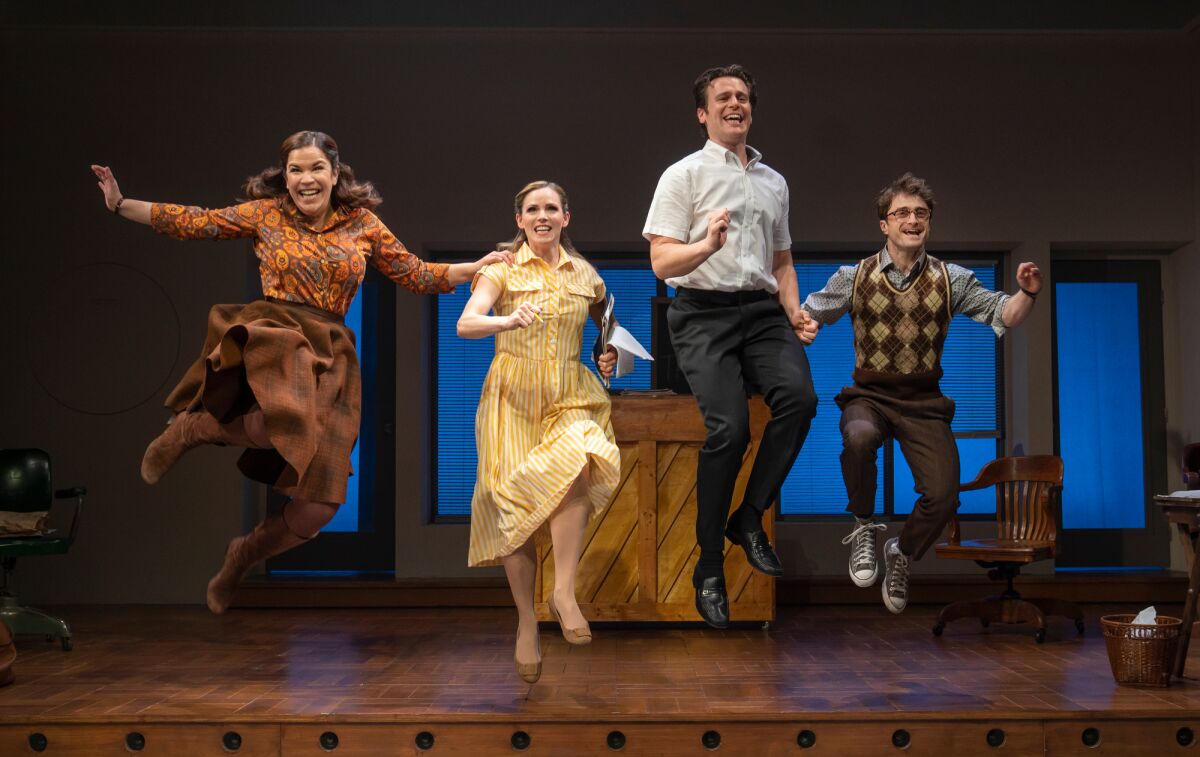 Lindsay Mendez, Katie Rose Clarke, Jonathan Groff and Daniel Radcliffe dance in "Merrily We Roll Along."