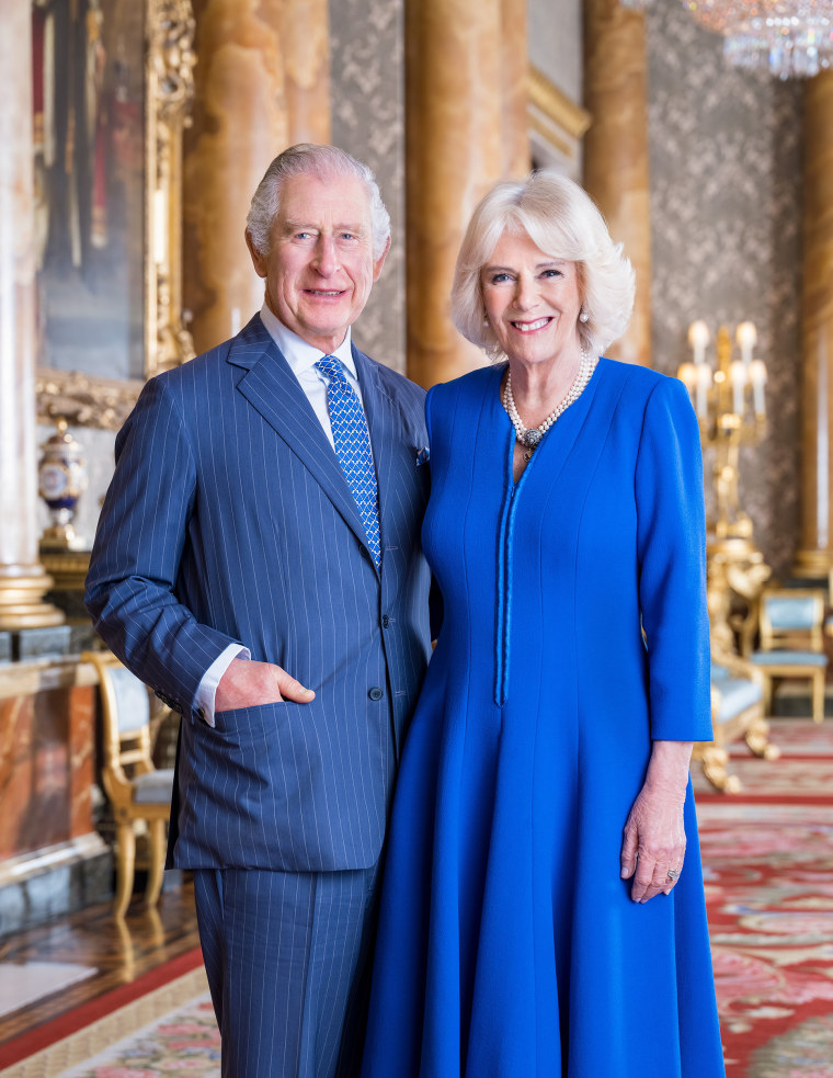  In this handout images released by Buckingham Palace, King Charles III and Camilla, Queen Consort pose for a portrait in the Blue Room at Buckingham Palace on April 4, 2023 in London, England. 